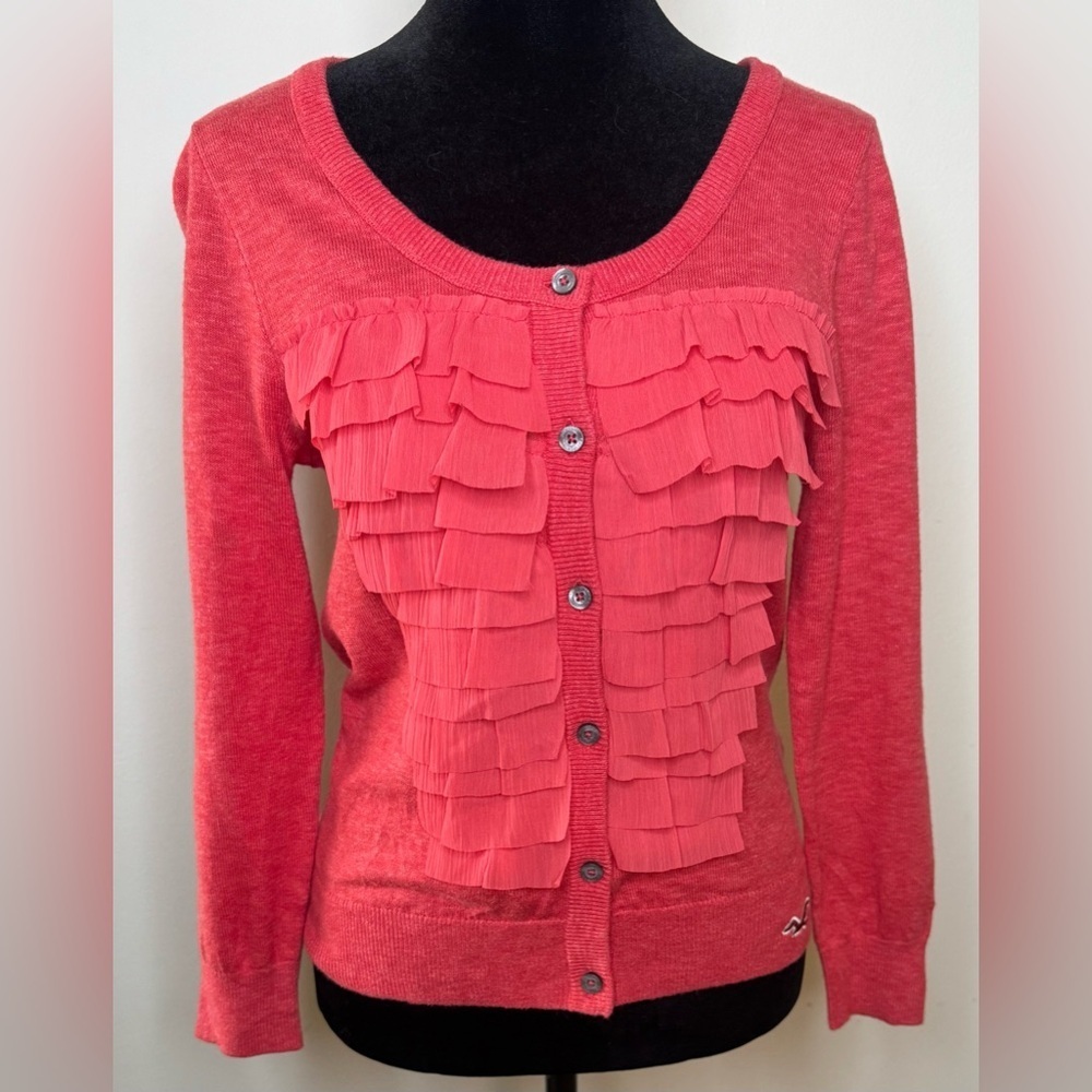 Hollister 100%cotton feminine ruffle front button up coral pink cardigan L EUC